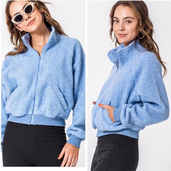 Penna&Pine Jackets & Blazers - LIGHT BLUE TEDDY BOMBER JACKET